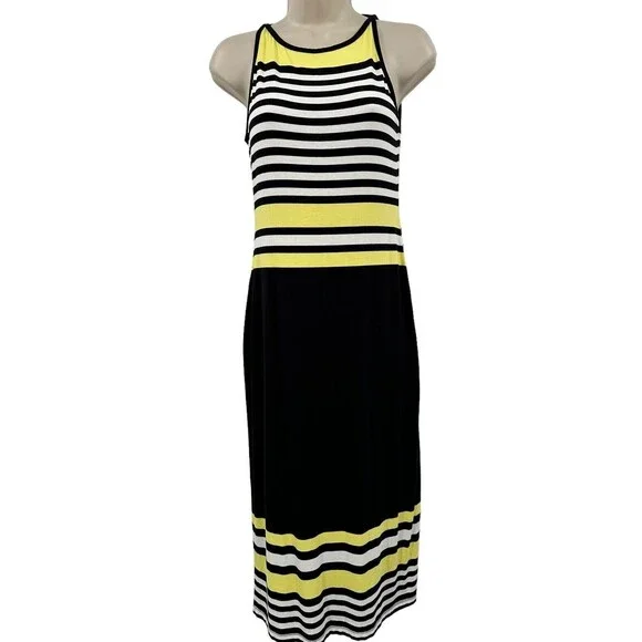 Cynthia Rowley | Dresses | Cynthia Rowley Midi Dress Xs Black Yellow Stripe  Jersey Sleeveless High Neck | Poshmark